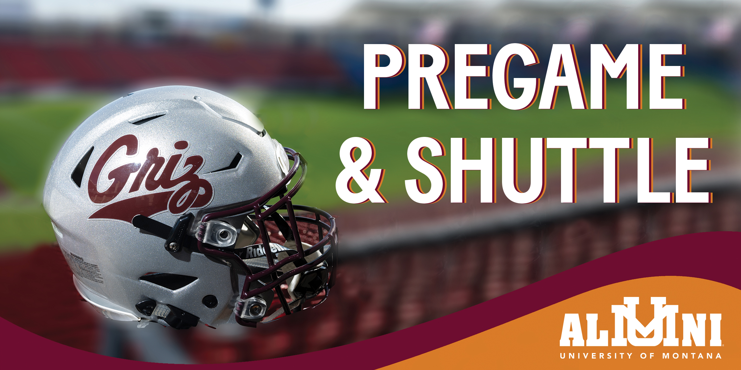 Graphic featuring Griz football helmet with text that reads PREGAME & SHUTTLE