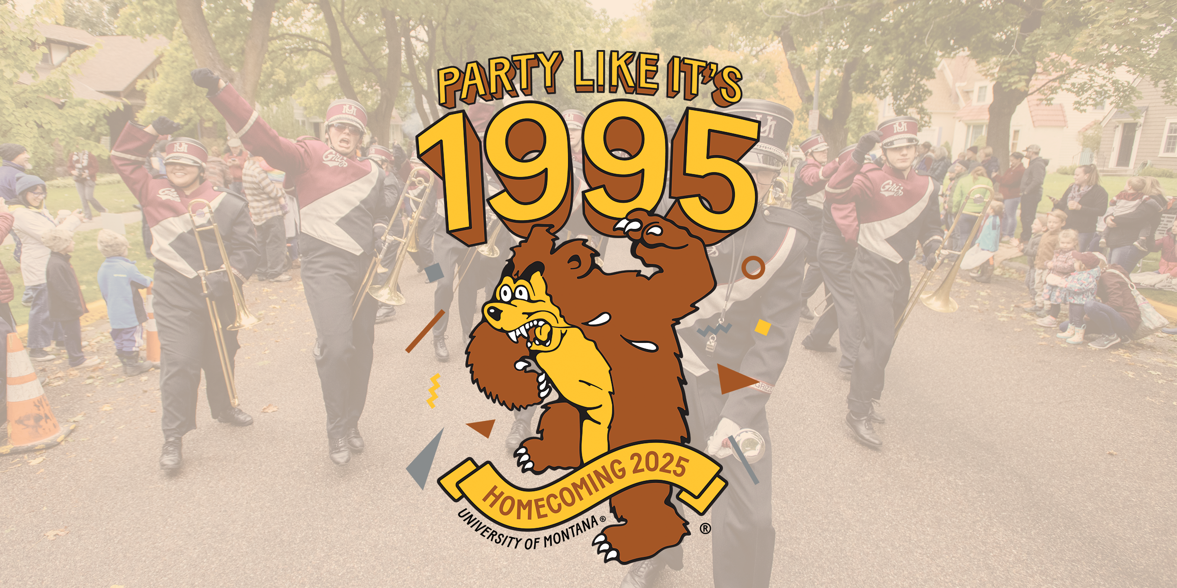 Photo of the Grizzly Marching Band with an overlay of the homecoming logo