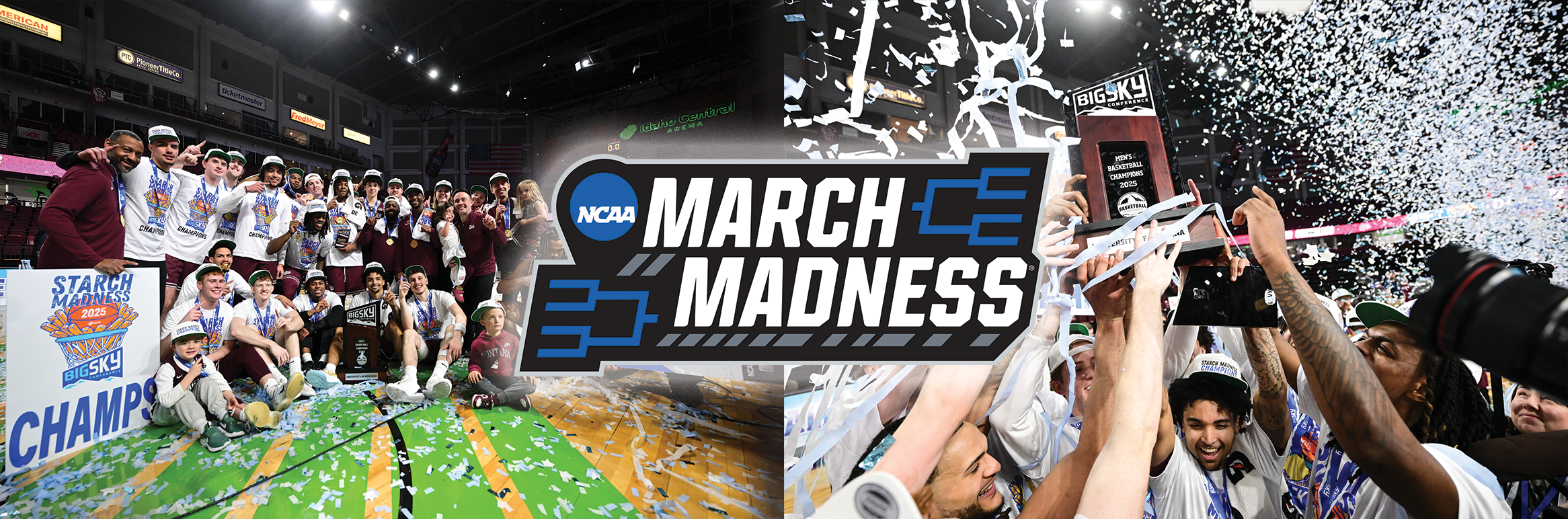 Two photos of the Montana Grizzlies celebrating after the Big Sky Championship game with the March Madness logo.