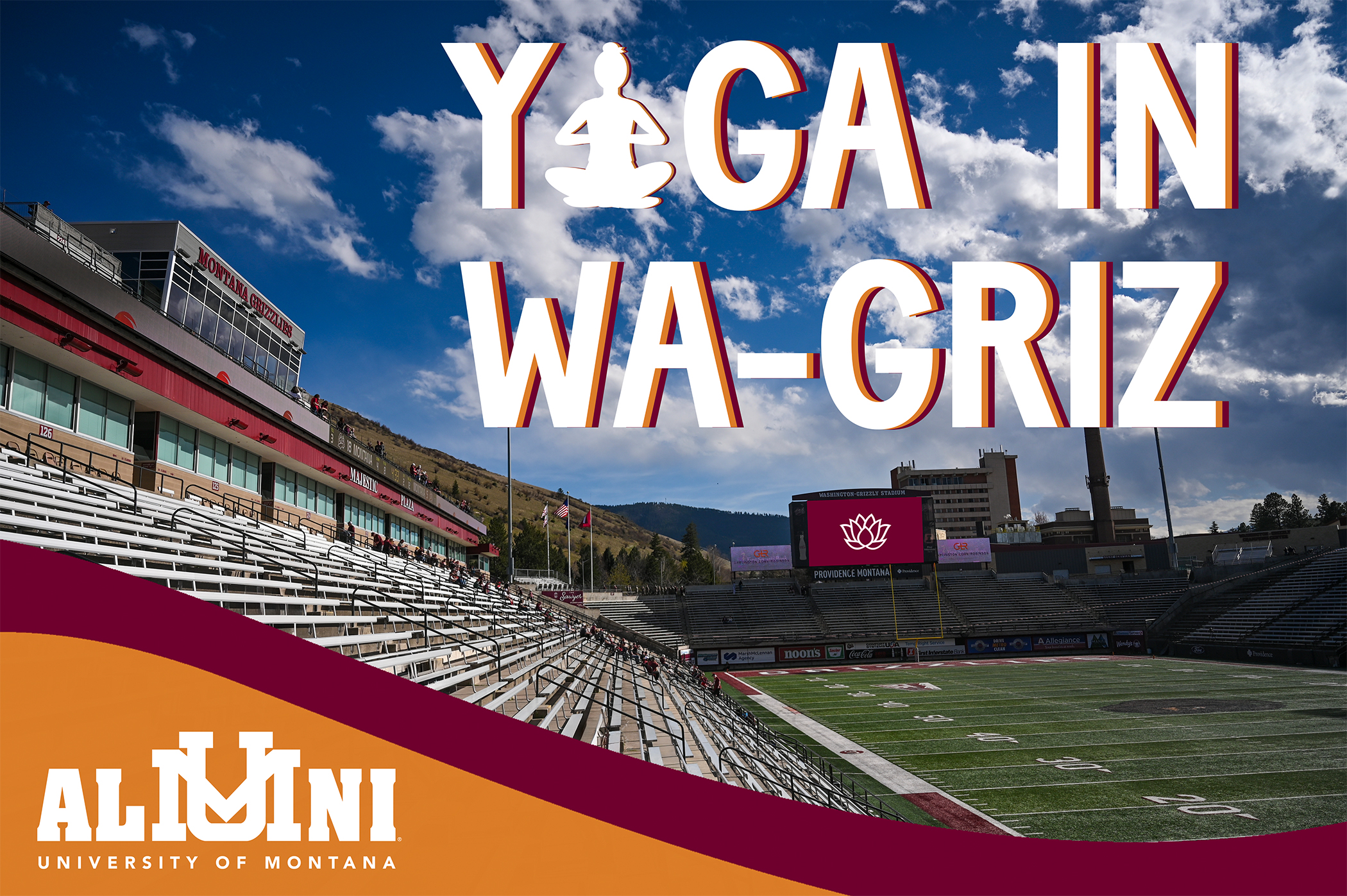 Photo of Washington Grizzly Stadium with text added that reads Yoga in Wa-Griz